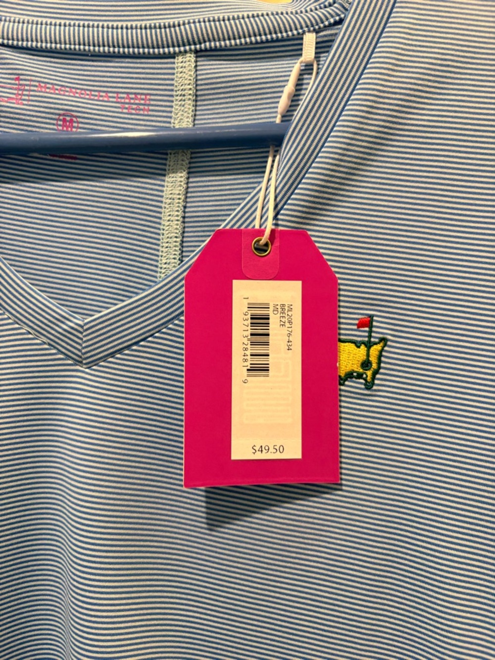 Magnolia Lane Tech V-Neck T-Shirt in Blue Stripe Masters Official size M NWT! - Picture 5 of 6